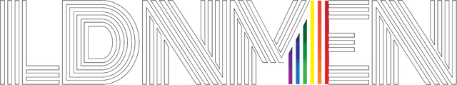 LDNMEN logo with striped lettering and multicolour accent
